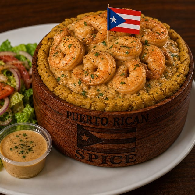 Camarones En Crema De Ajo / Creamy Garlic Shrimp Mofongo.